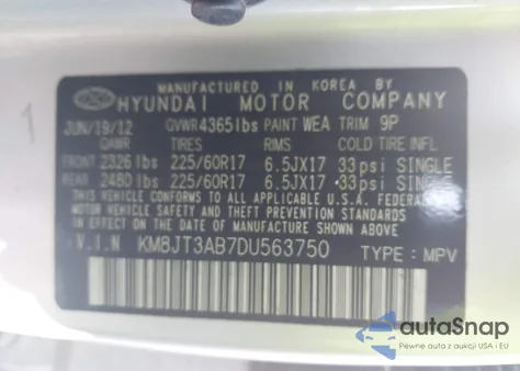 2013 Hyundai Tucson Gl z USA, uszkodzony, nr VIN KM8JT3AB7DU563750